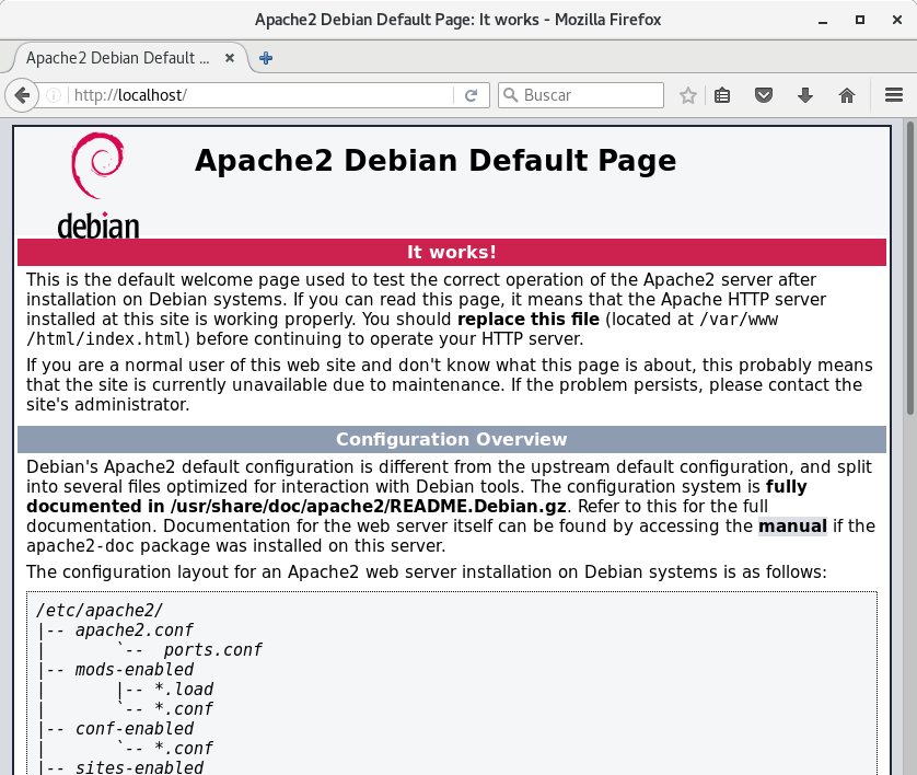 Página por defecto de Apache 2 en Debian Stretch